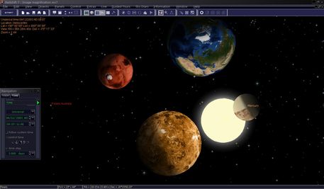 Die Planeten wurden vergrößert, so daß sie näher zusammen erscheinen, als sie es tatsächlich sind.
Sie können die Oberflächeneigenschaften der Planeten erkennen und dennoch Ihre Positionen zueinander im Auge behalten. So können Sie dem faszinierenden Tanz der Planeten folgen.
