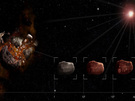 Junge Asteroiden, alter Look Künstlerische Darstellung vom Alterungsprozess eines Asteroiden. Nach einer Kollision tritt zuerst junges, helles Material zu Tage. Die helle Oberfläche eines Asteroiden wird dann aber sehr schnell durch den Einfluß des sog. Sonnenwindes dunkler, sodaß er recht schnell ein "altes Erscheinungsbild" bekommt. Nach zirka einer Million Jahre schreitet das "Dunkler Werden" des Himmelskörpers dann aber weniger schnell voran. Dann hängt sein Aussehen weniger von seinem Alter, als von seiner Zusammensetzung ab.