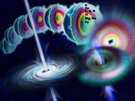 Künstlerische Darstellung eines massereichen Sterns, der gerade zu einem Schwarzen Loch zusammenstürzt. Strahlungsenergie in Form hochenergetischer Gamma-Strahlung wird dabei in Richtung der Rotationsachse des Objekts in den Weltraum abgestrahlt. Solche Strahlungs-Ausbrüche können von wenigen Millisekunden bis zu mehreren Minuten dauern.