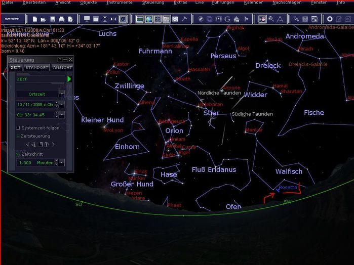 Die letzte Möglichkeit, Rosetta vor ihrem Vorbeiflug zu erhaschen, wir dann gegen 01:30 Uhr am 13. November mit dem Untergang der Sonde am Südwest-Horizont enden.