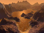 Künstlerische Darstellung der vermuteten Kohlenwasserstoff-Seen auf Titan. Potenzielle Lebensräume für Mikroorganismen?
