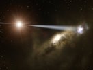 ¿Un agujero negro construyendo una galaxia? La impresión de este artista muestra cómo los "jets" de agujeros negro podrían formar galaxias, lo que explica por qué la masa de un agujero negro es mayor en las galaxias que contienen más estrellas.