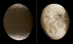 Diese beiden Gesamtansichten von Iapetus zeigen die extreme Helligkeitsdichotomie ("Hell-Dunkel-Zweiteilung") der Oberfläche dieses sonderbaren Saturnmondes. Während die Oberfläche der "Bugseite" in niederen und mittleren Breiten (linkes Bild) fast so schwarz wie Kohle ist, sind weite Teile der "Heckseite" fast so hell wie Schnee. Das dunkle Gebiet bedeckt etwa 40 Prozent der Oberfläche und wurde Cassini Regio genannt. Das nördliche helle Gebiet ist Roncevaux Terra, die südliche helle Region wurde Saragossa Terra genannt.