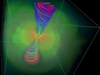 Vor kurzem durchgeführte Beobachtungen von Blasar-Jets erlauben es Forschern, derzeitige Theorien zur Bildung und Bewegung solcher Jets zu präzisieren. Diese Simulation zeigt ein Schwarzes Loch, das umgebende Materie anzieht (gelb) und Energie in Form von Jetmaterie auswirft (blau und rot). Diese wird durch Magnetfeldlinien (grün) zusammengehalten.