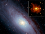 Dieses zusammengesetzte Bild des M31 (auch bekannt als die Andromeda-Galaxie) zeigt X-ray-Daten von NASA's Chandra X-ray Observatory in Gold, optische Daten aus dem Digitized Sky Survey in hellblau und Infrarot-Daten aus dem Spitzer Space Telescope in rot. 