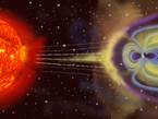 Ein von der Sonne ausgehender solarer Sturm trifft die Erde.
