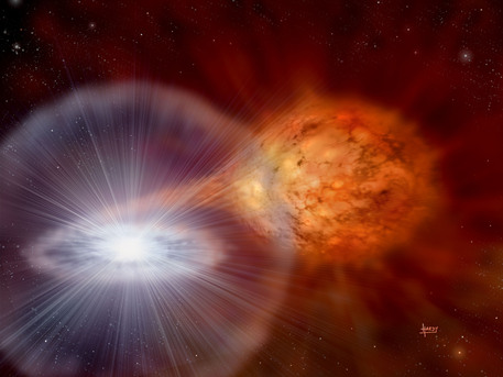 RS Ophiuchi Künstlerische Sicht auf das Doppelsternsystem RS Ophiuchi. Dessen optisches Spektrum beim Novaausbruch ist demjenigen von V407 Cygni im März 2010 sehr ähnlich.