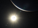 Künstlerische Darstellung des Planetensystems um den sonnenähnlichen Stern HD 10180.
