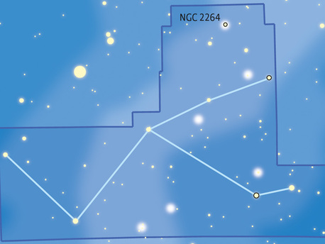 Die Lage des Kegelnebels (NGC 2264) im Sternbild Einhorn. Die hellen Sterne links und rechts außerhalb der Grenzen des Einhorns sind Prokyon und Beteigeuze.