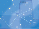 HJ2012_12-Dez_Beobachtungstipp Die Lage des Kegelnebels (NGC 2264) im Sternbild Einhorn. Die hellen Sterne links und rechts außerhalb der Grenzen des Einhorns sind Prokyon und Beteigeuze.