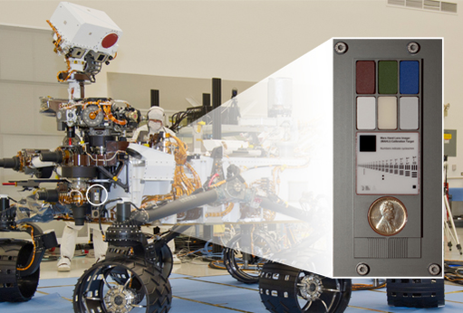 NASA's Mars rover Curiosity with an inset showing calibration targets to be used by a camera at the end of the robotic arm. Image credit: NASA/JPL-Caltech