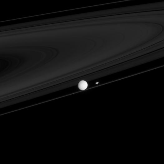 Two moons that have profound impacts on the rings, Mimas and Prometheus here with the F ring. Mimas , the larger one, creates the Cassini division between the A and B rings. Prometheus is half of a duo responsible for maintaining the narrow F ring.