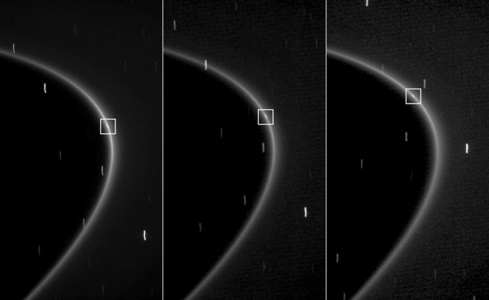 This sequence of three images, obtained over the course of about 10 minutes, shows the path of a newly found moonlet in a bright arc of Saturn's faint G ring. Note that this streak is aligned with the G ring and moves along the ring.