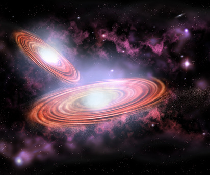 An artist’s impression of a supermassive binary black hole quasar. It moves with the mind blowing speed of 3700 miles per second.