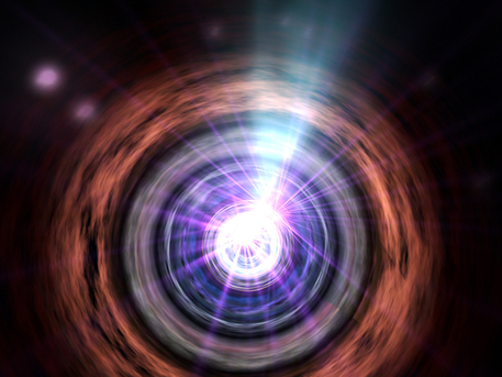 Im Herzen einer Aktiven Galaxie fällt Materie in ein supermassereiches Schwarzes Loch. Dabei werden Jets aus Teilchen erzeugt, deren Geschwindigkeiten nahe der Lichtgeschwindigkeit liegen. Aktive Galaxien, deren Jet in Richtung Erde zeigt, werden als Blazare bezeichnet. 