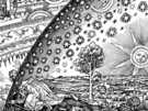 This widely reproduced woodcut was published for the first time in 1888 in Camille Flammarion's book "L'atmosphère". It depicts a man who sticks his head through the firmament in order to behold the workings of the universe.