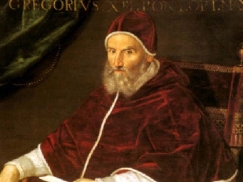 This is a portrait of Pope Gregory XIII, who in 1582 decreed that a new calendar be used. The Gregorian calendar, which over the centuries has replaced most other calendars, was based on a reform of the way the date of Easter was calculated.

