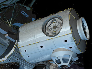 Das neue Verbindungsmodul Tranquility Das neue Verbindungsmodul „Tranquility“ mit dem angekoppelten Beobachtungsraum „Cupola“.