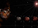 Artist’s impression of how the solar wind makes young asteroids look old. After undergoing a catastrophic collision, the color of an asteroid gets modified rapidly by the solar wind so that it resembles the mean color of extremely old asteroids. After the first million years, the surface “tans” much more slowly. At that stage, the color depends more on composition than on age. 