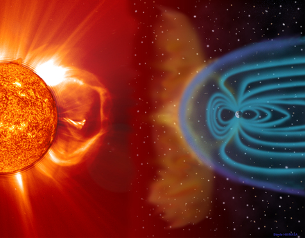 Die schematische Darstellung, zeigt wie der Sonnenwind auf das Magnetfeld der Erde trifft und teilweise bis in die Atmosphäre vordringt. Dort regt der Teilchenschauer Sauerstoff und Stickstoff zum Leuchten an.