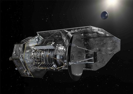 The image shows the Herschel Space Telescope which will study the origins of stars and galaxies.
The telescope operates in the infrared range and will observe some of the coolest and most distant objects in the Universe. With its 11.5 feet diameter mirror, the telescope is the largest of its kind. The launch of the satellite is planned for May 14, 2009. 