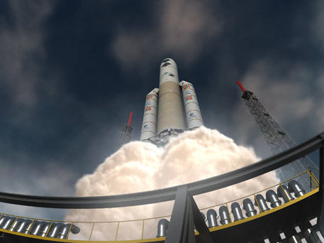 Die ESA-Missionen Planck und Herschel starten im neuen ESA-Planetariumsprogramm bereits auf einer Ariane 5 in den Orbit.