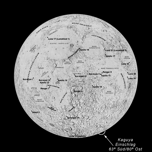 Die japanische Mondsonde Kaguaya (Selene), die sich seit Ende 2007 in einer Mondumlaufbahn befindet, stürzt am 10. Juni 2009 um 20.30 Uhr Mitteleuropäischer Sommerzeit auf den Mond. Die erwartete Einschlagsstelle am Krater Gill befindet sich etwa bei 63 Grad südlicher Breite und 80 Grad östlicher Länge.
