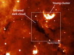Infrared dark cloud Ein dunkles Band zieht sich durch diese Infrarot-Falschfarbenaufnahme eines kleinen Ausschnitts der Milchstraße. In den in diesem Infrarotbild sichtbaren Dunkelwolken können junge Sterne in Gruppen ganz neu entstehen wie beispielsweise das Sternentstehungsgebiet oben rechts im Bild.