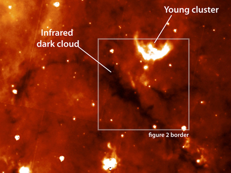 Infrared dark cloud Ein dunkles Band zieht sich durch diese Infrarot-Falschfarbenaufnahme eines kleinen Ausschnitts der Milchstraße. In den in diesem Infrarotbild sichtbaren Dunkelwolken können junge Sterne in Gruppen ganz neu entstehen wie beispielsweise das Sternentstehungsgebiet oben rechts im Bild.