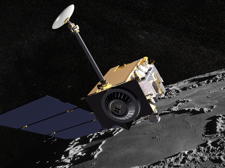 Artist Concept of the Lunar Reconnaissance Orbiter with Apollo mission imagery in the background.