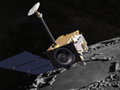 Artist Concept of the Lunar Reconnaissance Orbiter with Apollo mission imagery in the background.