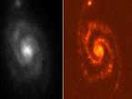 Dies zeigt sich im Vergleich der Aufnahmen derselben Region (Galaxie M51) durch das Spitzer-Weltraumteleskop der US-Weltraumbehörde NASA (links) und Herschel (rechts).

