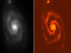 Galaxie M51 aufgenommen von Spitzer (links) und Herschel (rechts) Dies zeigt sich im Vergleich der Aufnahmen derselben Region (Galaxie M51) durch das Spitzer-Weltraumteleskop der US-Weltraumbehörde NASA (links) und Herschel (rechts).