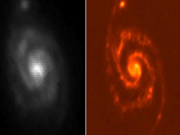 Dies zeigt sich im Vergleich der Aufnahmen derselben Region (Galaxie M51) durch das Spitzer-Weltraumteleskop der US-Weltraumbehörde NASA (links) und Herschel (rechts).

