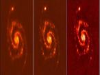 Herschel nahm die so genannte Whirpool-Galaxie M51 bei drei verschiedenen Wellenlängen auf: 160, 100 und 70 Mikrometer.