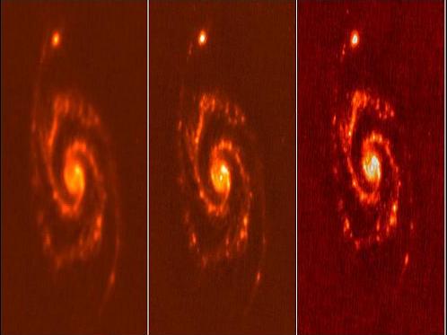 Herschel nahm die so genannte Whirpool-Galaxie M51 bei drei verschiedenen Wellenlängen auf: 160, 100 und 70 Mikrometer.