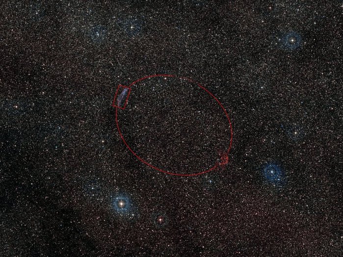  The red line guides the eye to various regions where the remnants of the stellar explosion are most visible. The boxed area contains an insert of data from the VLT and Chandra. This region, named RCW 86, is centered on the position where a star exploded in 185 AD. The field of view is 4 degrees across with north to the top and east to the left. 
