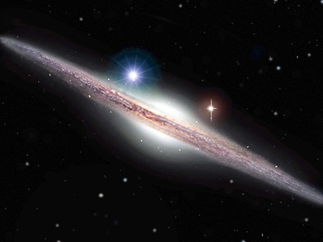 Artist's impression of the new source HLX-1 (represented by the light blue object to the top left of the galactic bulge) in the periphery of the edge-on spiral galaxy ESO 243-49. This is the first strong evidence for the existence of intermediate mass black holes. 