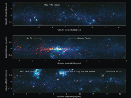 You can see the Trifid Nebula, a nebula containing an open cluster of stars as well as a stellar nursery. The name “Trifid” refers to the way that dense dust appears to divide it into three lobes at visible wavelengths.
You can also see the center of the Milky Way, home to a supermassive black hole more than four million times the mass of our Sun. It is about 25 000 light-years from Earth.

