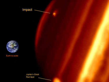 The infrared picture  was taken with Keck II and shows Jupiter and its relative size compared to Earth.