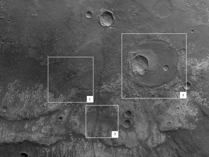 Die Abbildung zeigt einen etwa 140 Kilometer mal 70 Kilometer großen Ausschnitt von Hephaestus Fossae.

