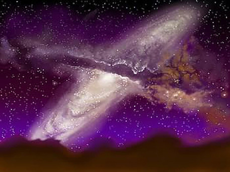 This artist's impression shows the collision between the Milky Way and the Andromeda Galaxy, many billions of years in the future. This scenario is based on observed data and analytically grounded fantasy. 
