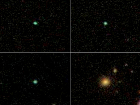 The Green Peas stuck out because of their small size and green color compared to the more common galaxies – such as the one on the bottom right corner – that Galaxy Zoo users were used to seeing.