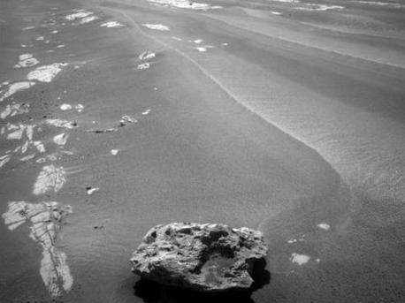 This image of "Block Island" was taken on July 28, 2009, with the front hazard-identification camera on NASA's Mars Exploration Rover Opportunity.
