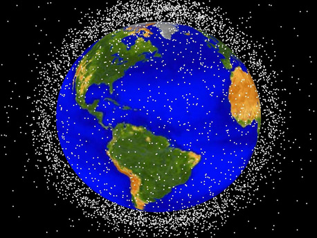 This computer-generated image shows the objects whose flight path is currently being monitored. The size of the white dots marking the objects is not, of course, to scale. 