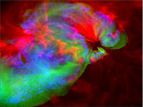 This false-color temperature map shows solar active region AR10923, observed close to center of the sun's disk. Blue regions indicate plasma near 10 million degrees K.