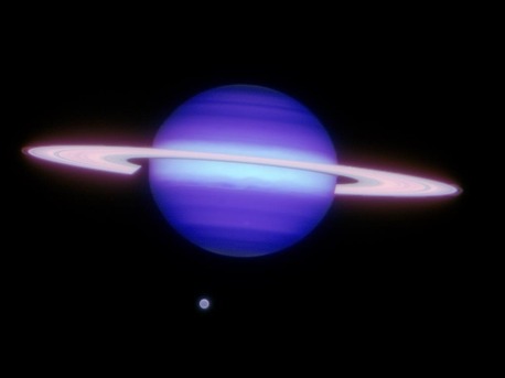 Infrared image of Saturn and Titan (at about 6 o'clock position). 