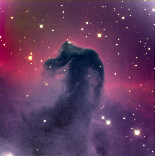 The Horsehead Nebula is a dark cloud of gas and cosmic dust. More than 1000 light years away, it blocks the light of the stars and emission nebulae lying behind it.
