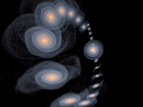 Computersimulation der möglichen Umlaufbahn des Dreiecksnebels um die Andromeda-Galaxie. Andromeda ist die kreisrunde Scheibe rechts von der Bildmitte. Die Form des Dreiecksnebels, der hier in verschiedenen Phasen seines Umlaufs dargestellt ist, verändert sich unter dem Gravitationseinfluss der größeren Galaxie. Die Simulation legt nahe, dass sich Andromeda letztendlich auch den Dreiecksnebel einverleiben wird.