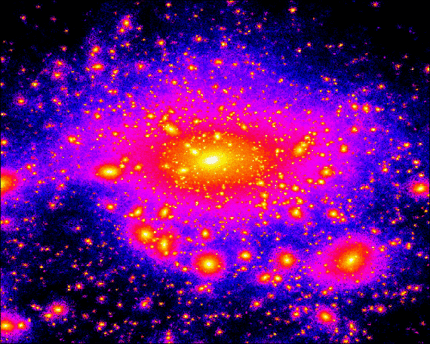 This image from a supercomputer simulation shows the density of dark matter in our Milky Way galaxy which is known to contain an ancient thin disk of stars. Brightness (blue-to-violet-to-red-to-yellow) corresponds to increasing concentration of dark matter.